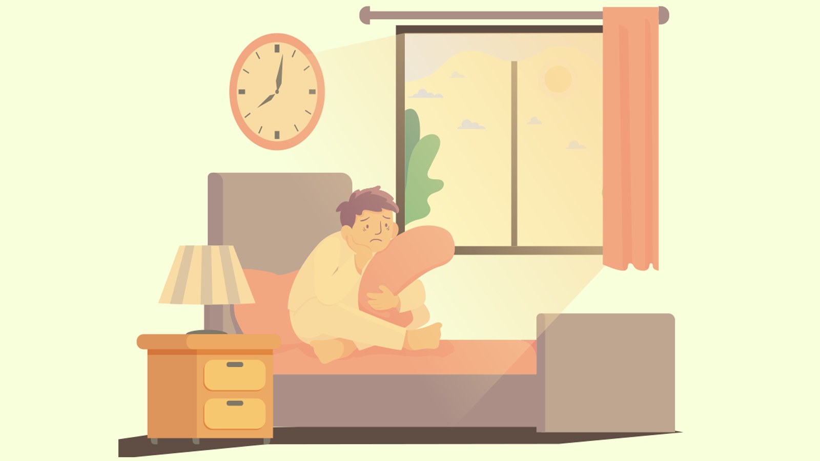 朝、起き上がれずベッドに座り込む中学生。カーテンの外はすでに明るくなっている