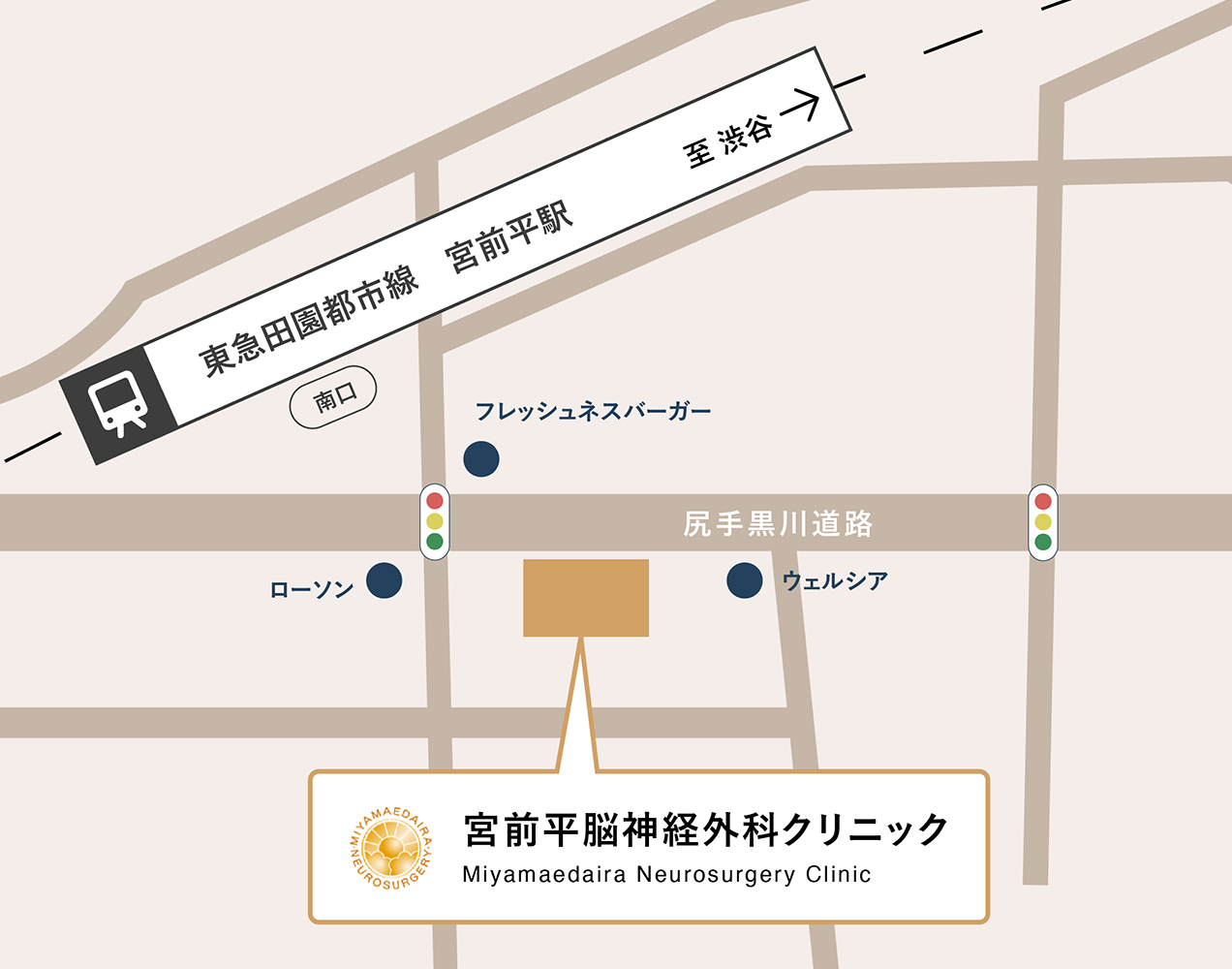 宮前平脳神経外科クリニック周辺マップ（東急田園都市線 宮前平駅南口より徒歩1分・尻手黒川道路沿い・ティモネ宮前平1F）